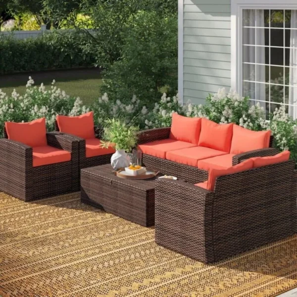 5-Piece Rattan Sofa Set (Dark Brown and Red)
