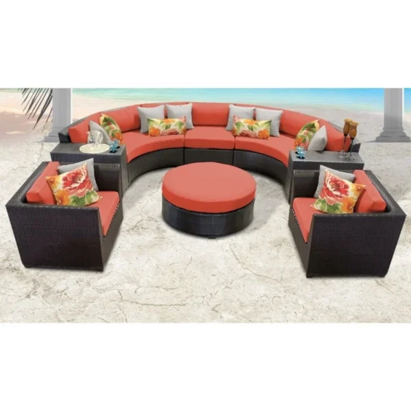 7 Seater Outdoor Indoor Garden Sectional Wicker Half Moon Round Sofa (Dark Brown & Orange)