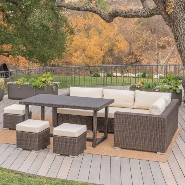6PCS Outdoor Patio Sofa Set – All-Weather Wicker Rattan – Dark Brown & Cream