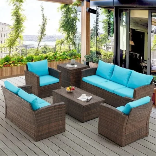 7-Seater Wicker Sectional Sofa (Dark Brown/Sky Blue)