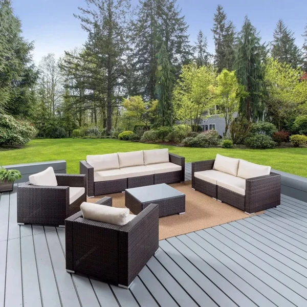 Outdoor 5pc Wicker Sofa Set (Dark Brown/Cream)
