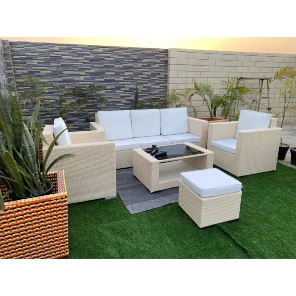 All Weather Rattan Wicker 6 Seater Sofa Set (Beige & Off White)