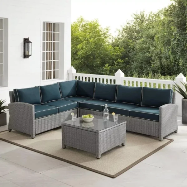 3PCS Outdoor L-Shaped Rattan Sofa Set with Cushions and Table (Silver & Navy Blue)