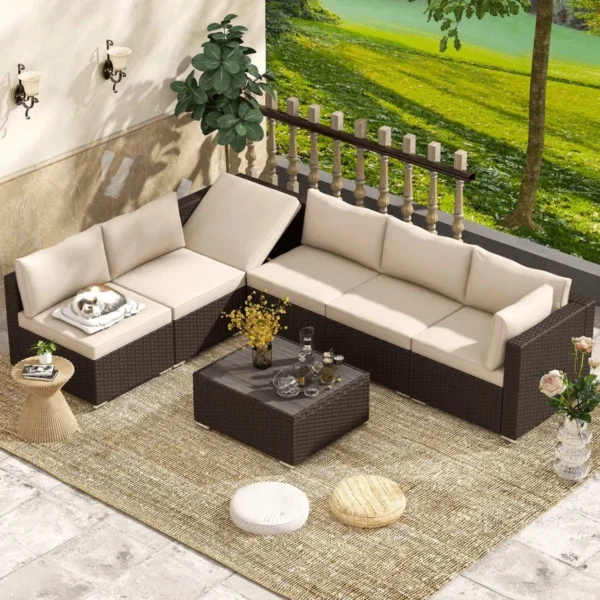 Outdoor Sectional Wicker Patio Furniture (Dark Brown & Cream)