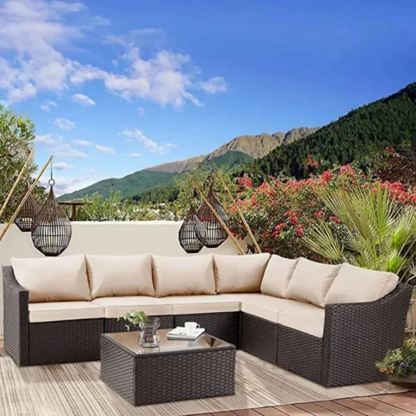 Wicker Furniture Set: Rattan Patio Sectional with Coffee Table & Cushions (Dark Brown/Cream)