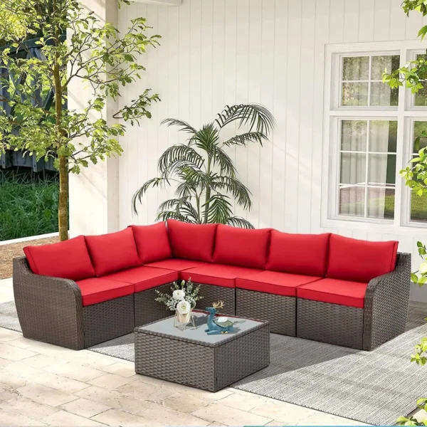 Rattan Wicker Sectional Patio Set with Ergonomic Design and Waterproof Cushions (Dark Brown & Red)