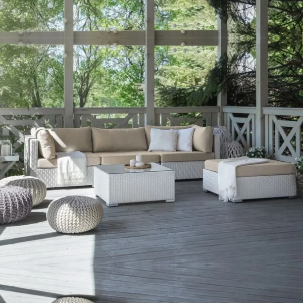 3 Piece Patio Wicker Sofa Set with Coffee Table & Ottoman(White & Cream)