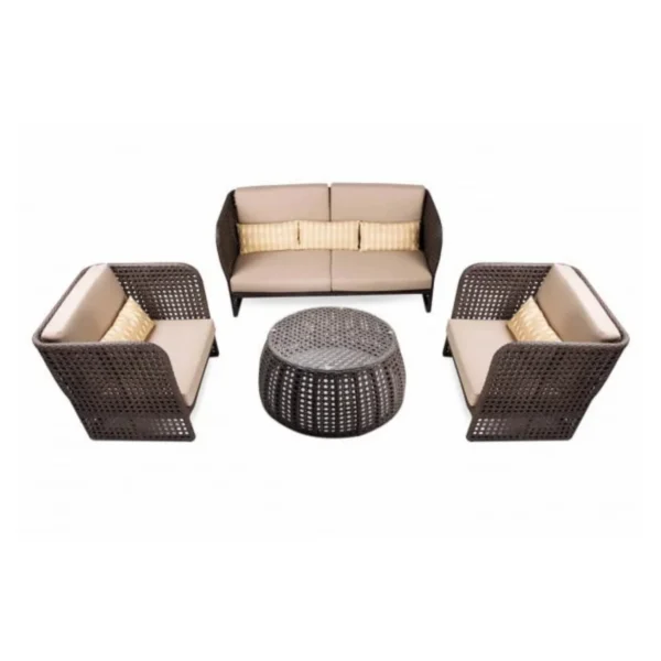 4 Piece Outdoor Wicker All Weather Resistant Comfortable Cushion Sofa (Dark Brown & Cream)