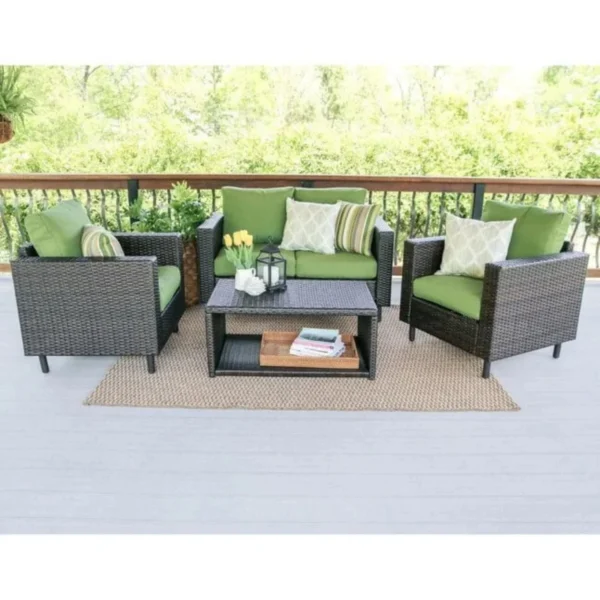 4 Piece Outdoor Patio Wicker Conversation Arm Sofa Set with 2 Tier Center Table (Dark Brown & Green)