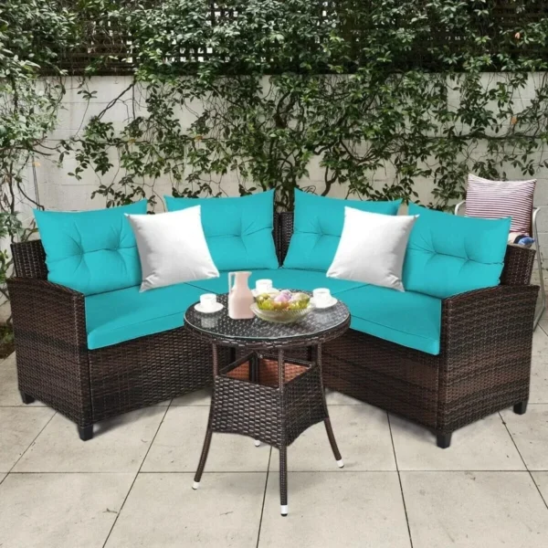 4 Seater Wicker Outdoor Patio Set with Chair Round Glass Top Table(Dark Brown & Sky Blue)