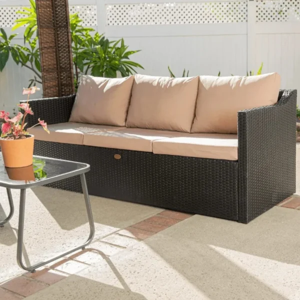 3-Seater Wicker Rattan Patio Sofa with Cushions (Dark Brown & Cream)