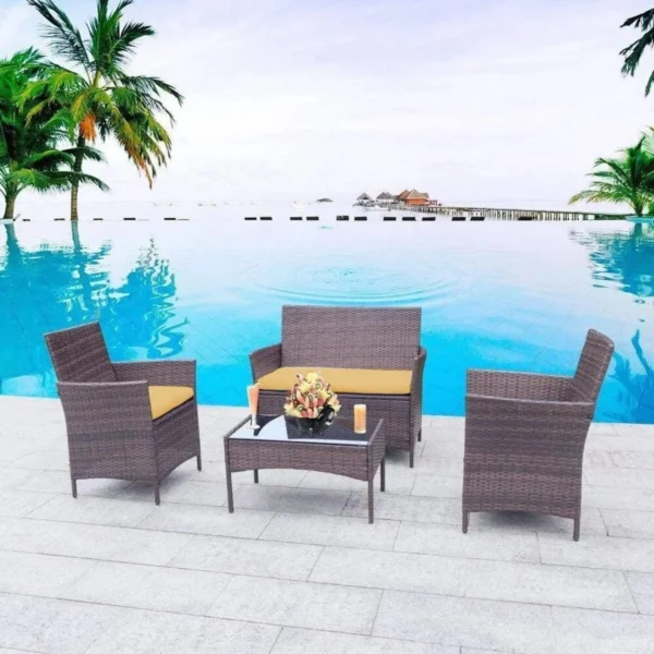 4-Pc Dark Brown & Yellow Rattan Patio Furniture Set with Glass Coffee Table