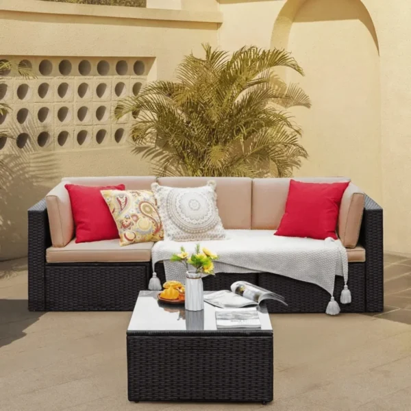 Cream and Dark Brown 2-Piece Rattan Wicker Sectional Sofa Sets