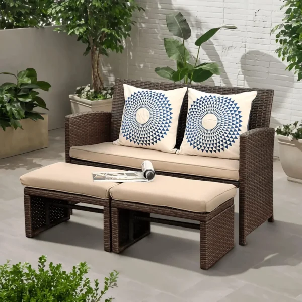 3-Piece Wicker Patio Set with Ottoman for Comfort & Style (Dark Brown & Cream)