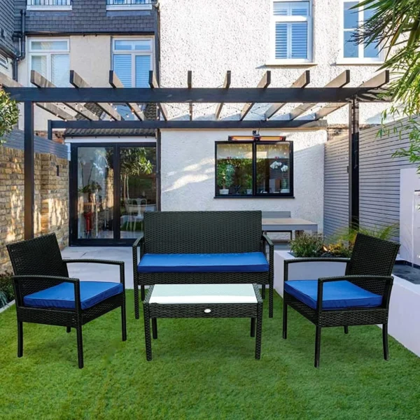Black & Blue 4-Piece Outdoor Rattan Furniture Set