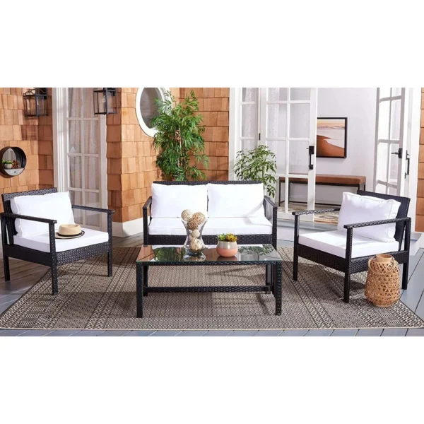 4 Pcs Patio Furniture Wicker Rattan Conversation Set Outdoor Sofa with Coffee Table(Black & White)