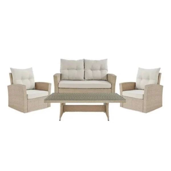 4 Seater Sofa Set with Center Table and Cushion (Beige and Cream)