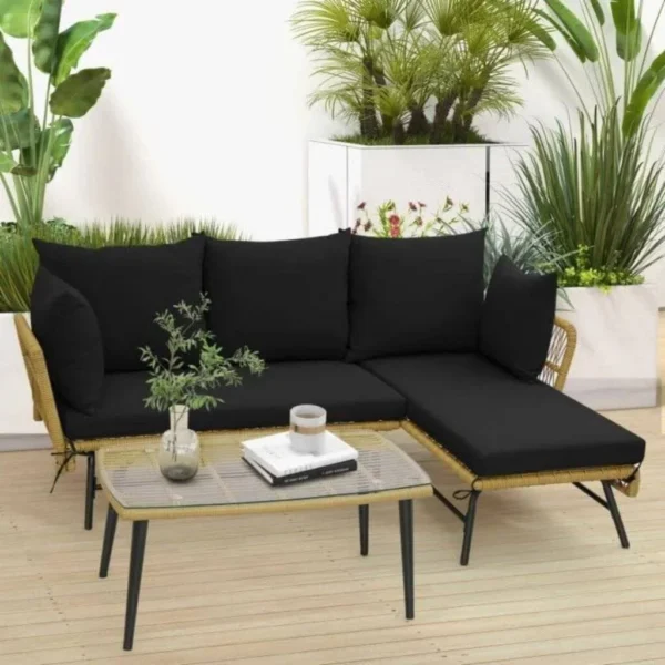 Patio Furniture Set L-Shaped Rope Woven Outdoor Sectional (Beige and Black)
