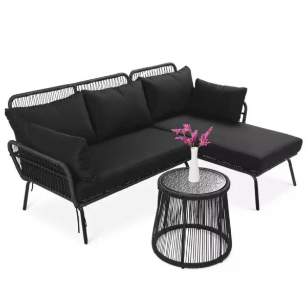 L-Shaped Patio Conversation Sofa Set with Thick Cushions & Side Table (Black)