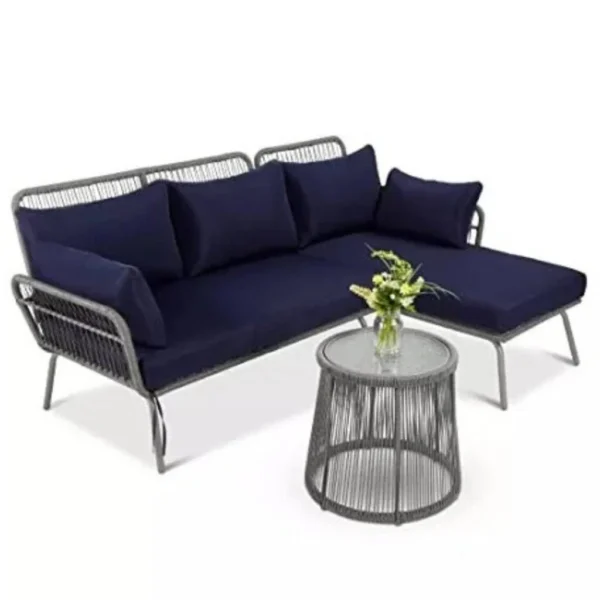 L-Shaped Outdoor Sofa Set with Rope Woven Design – Grey & Navy-blue