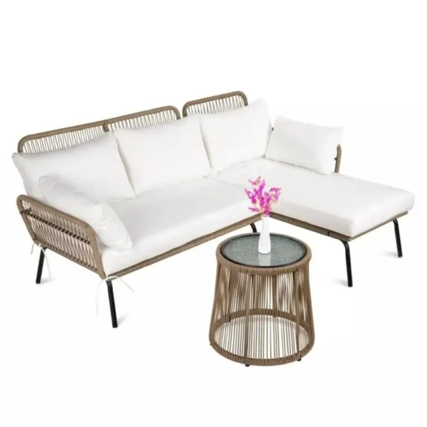 L-Shaped Outdoor Conversation Sofa Set with Cushions & Side Table (Beige/White)