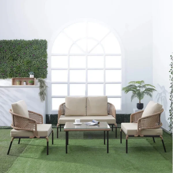 All-Weather Patio Rope Sofa Set with Glass Top Coffee Table (Beige & Cream)